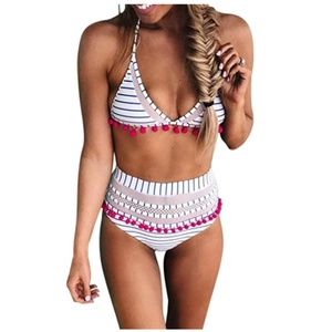 Navy/white/pink High Waist Striped Pom Pom Bikini